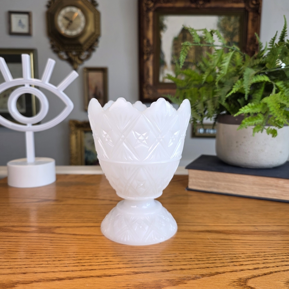 Vintage E.O. Brody Milk Glass Pedestal Vase - 6" Tall Stars & Bars Pattern USA